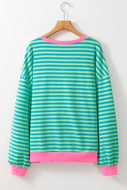 Casual sky blue striped oversized pullover with contrast trim