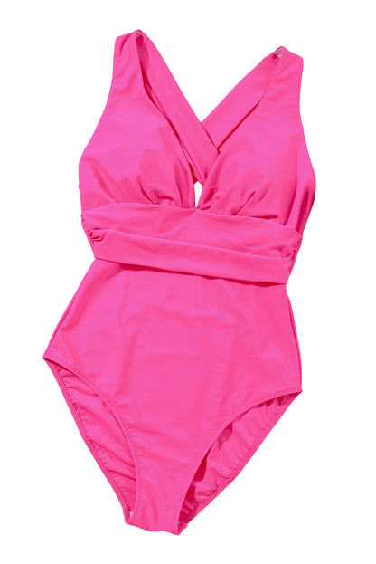 Rose Red Deep V neck backless ruched monokini for a stunning summer look