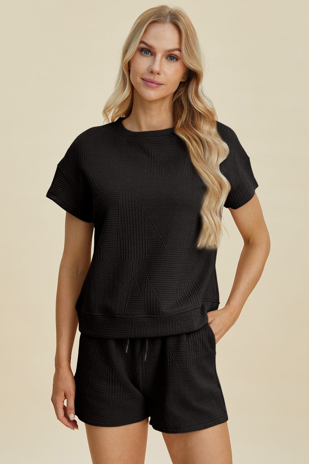 Double Take Full Size Texture Short Sleeve Top and Shorts Set.