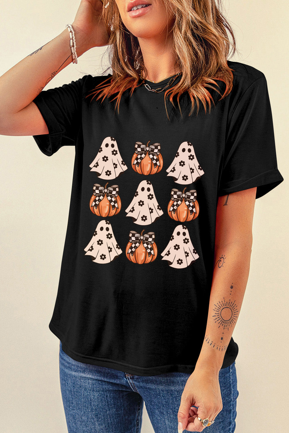 Spooky pumpkin print crew neck t-shirt for Halloween fun