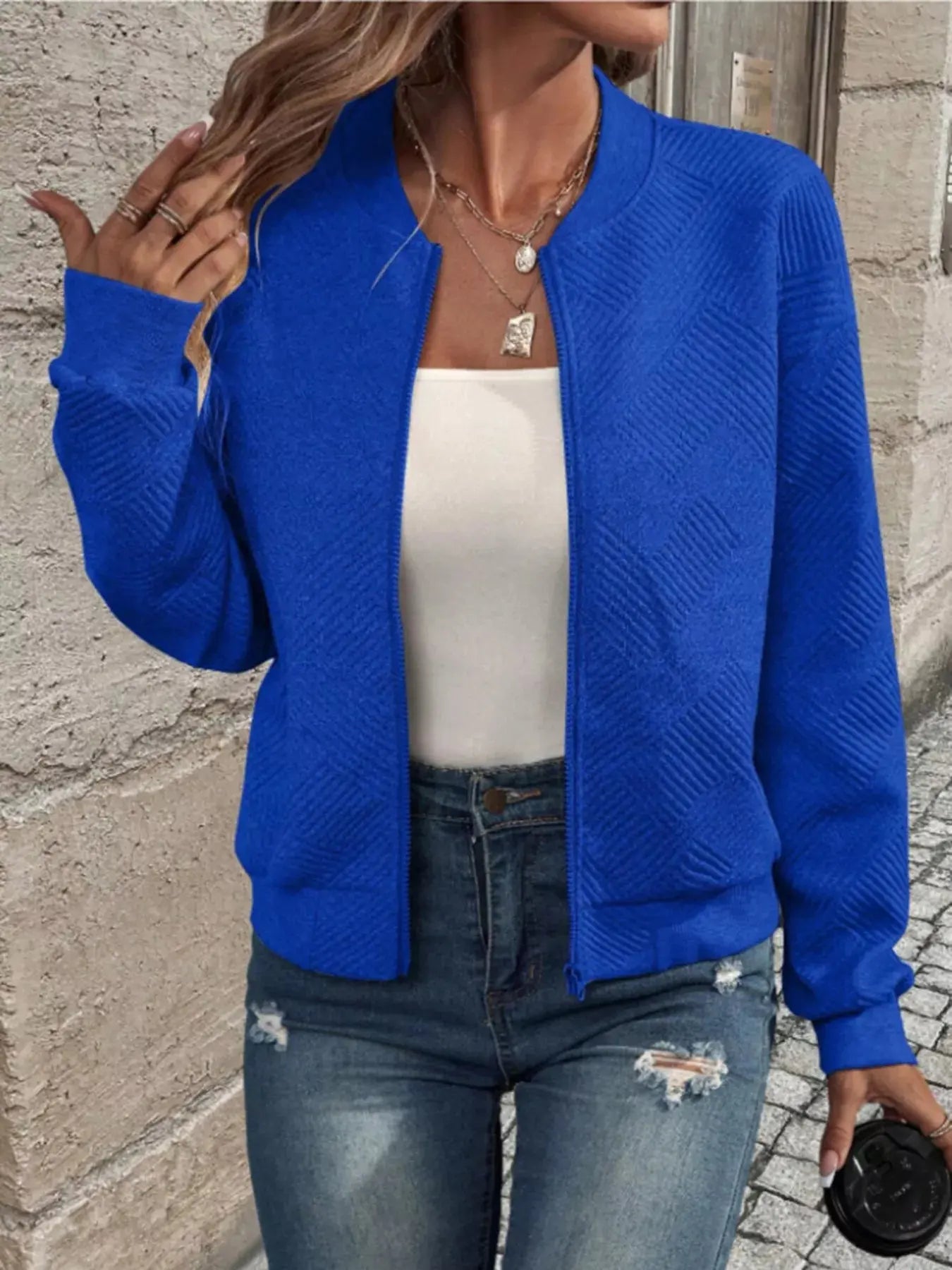 Textured Knit Zip-Up Bomber Jacket Simply Love