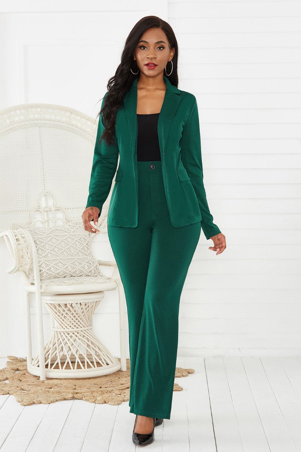 Lapel Collar Long Sleeve Blazer and Pants Set.