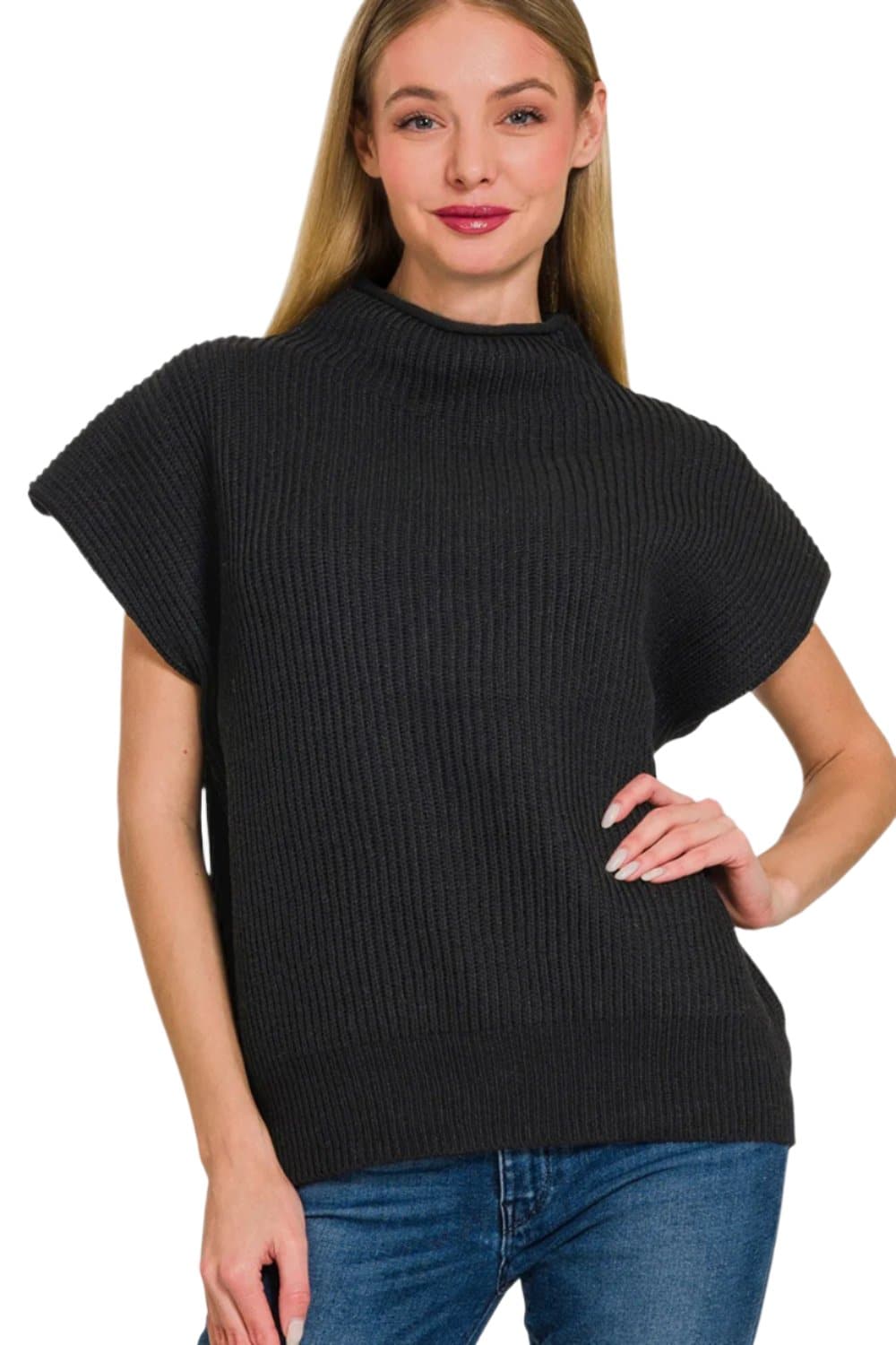 Zenana Short Sleeve Mock Neck Sweater.