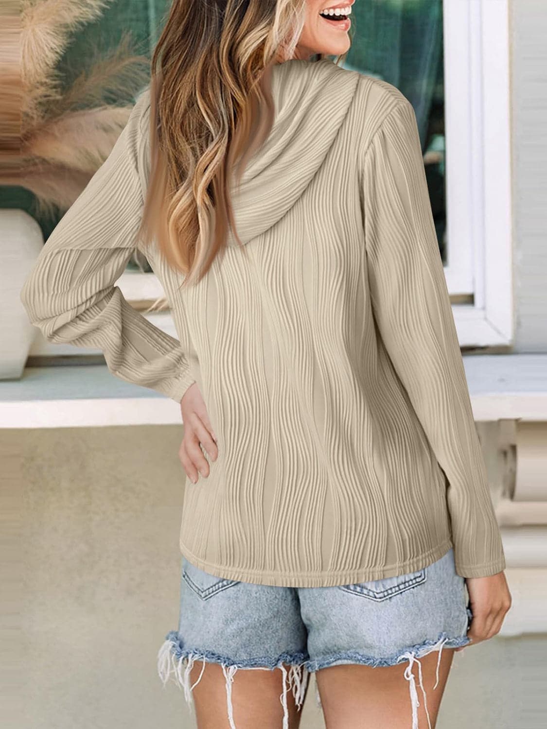 Chic textured long sleeve hoodie with buttoned sheer details