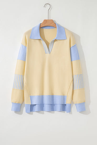 Sky Blue Stripe Color Block Knit Polo Collar Sweater