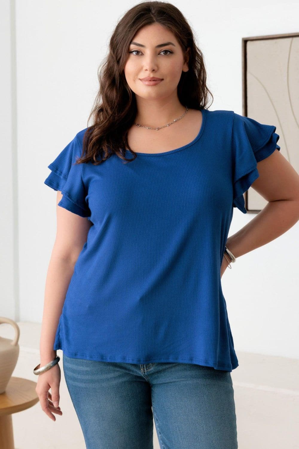 Gilli Plus Size Short Fluttery Sleeve Round Neck Top.