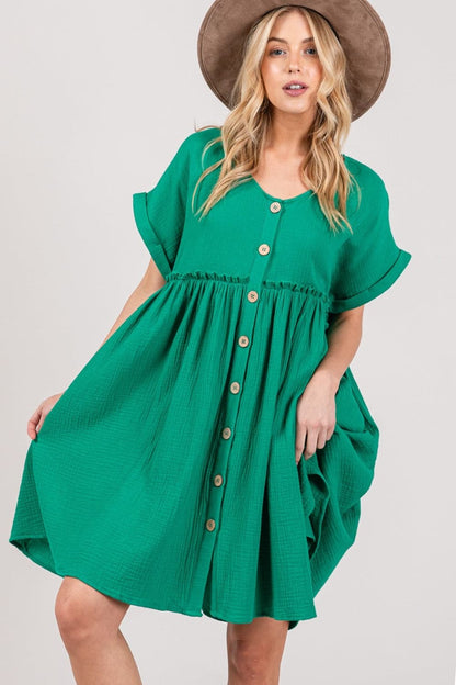 SAGE + FIG Full Size Button Up Short Sleeve Dress.