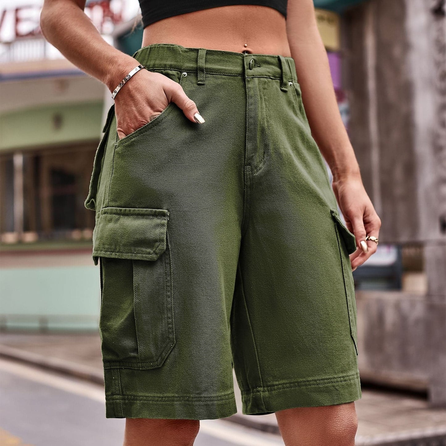 Denim Cargo Shorts with Pockets.