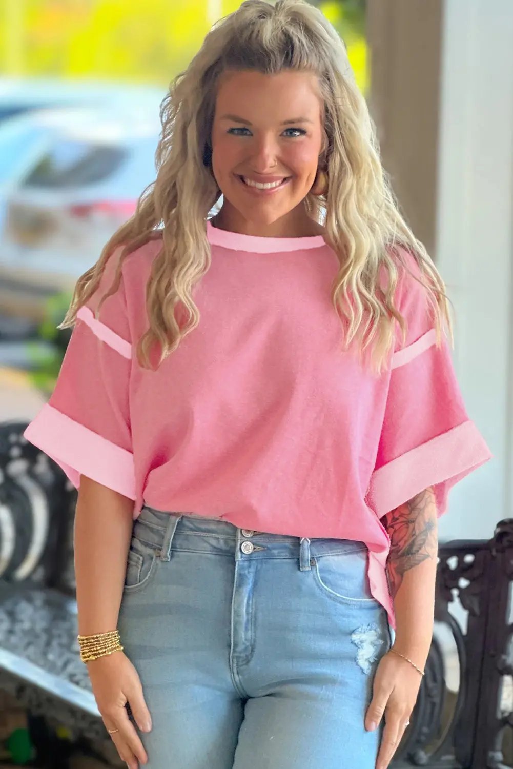 Peach Blossom Patchwork Two Tone Half Sleeve Plus Size Tee Dear-Lover Dropshipping