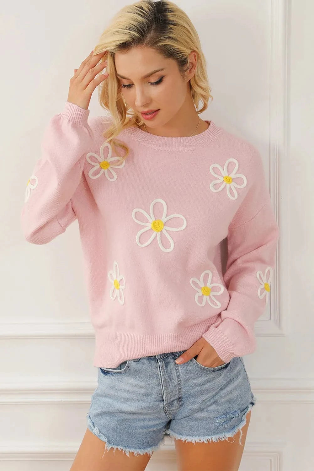 Floral Print Dropped Shoulder Sweater with Round Neck