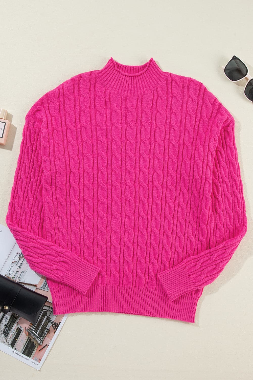 Cable-Knit Mock Neck Long Sleeve Sweater.