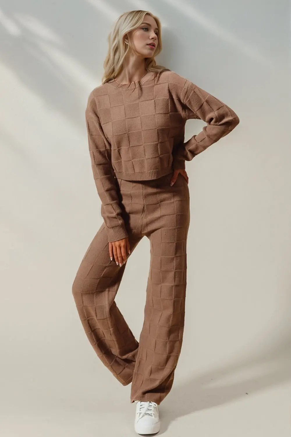 Double Take Full Size Checkered Round Neck Top and Pants Set - Love Salve