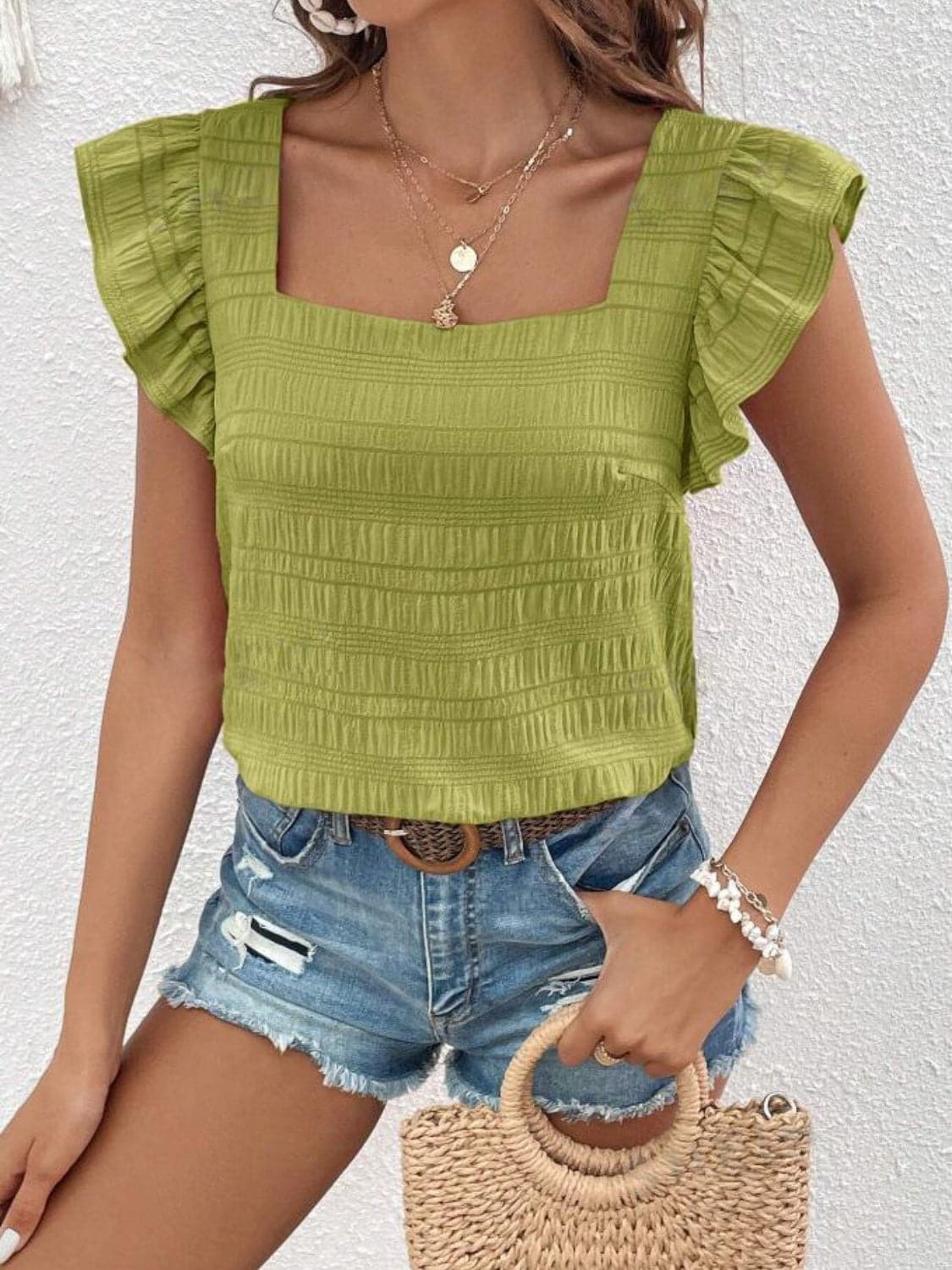 Ruffled Square Neck Cap Sleeve Blouse.