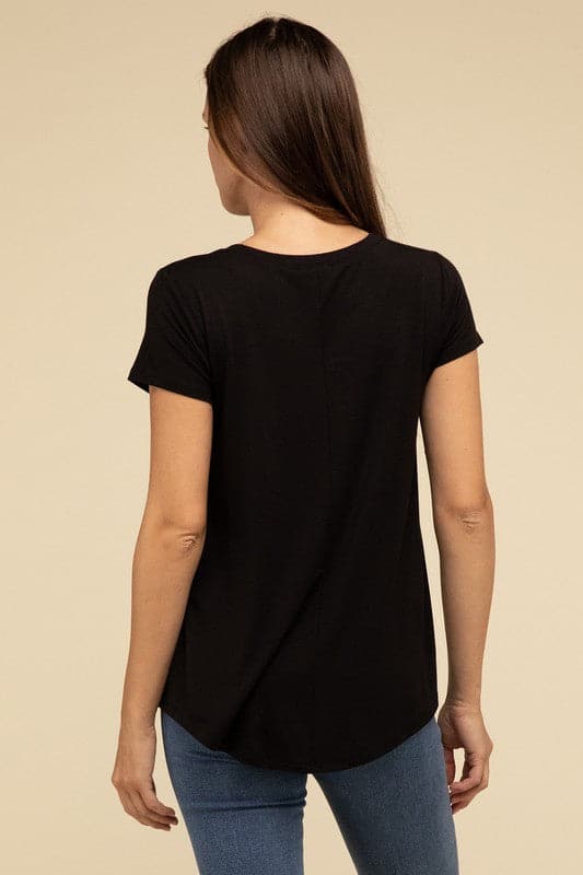 Flowy Round Hem Rayon Short Sleeve Top.