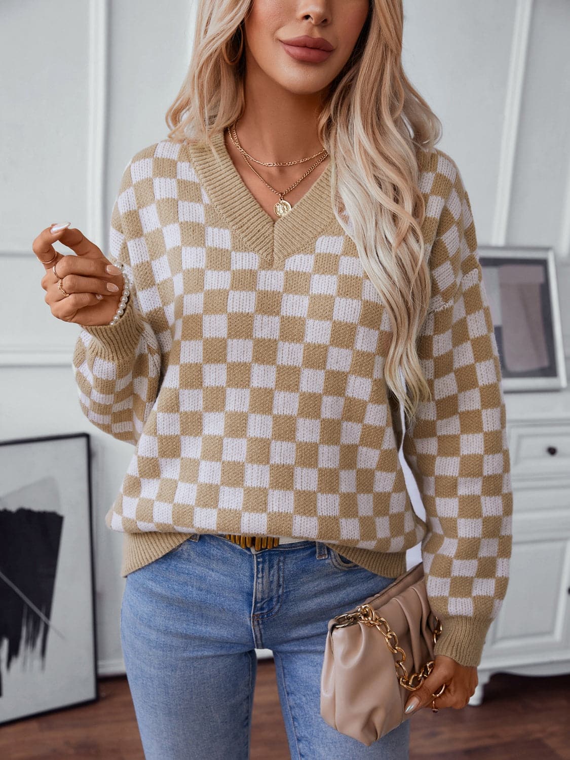 Vibrant checkered v-neck sweater with dropped shoulders