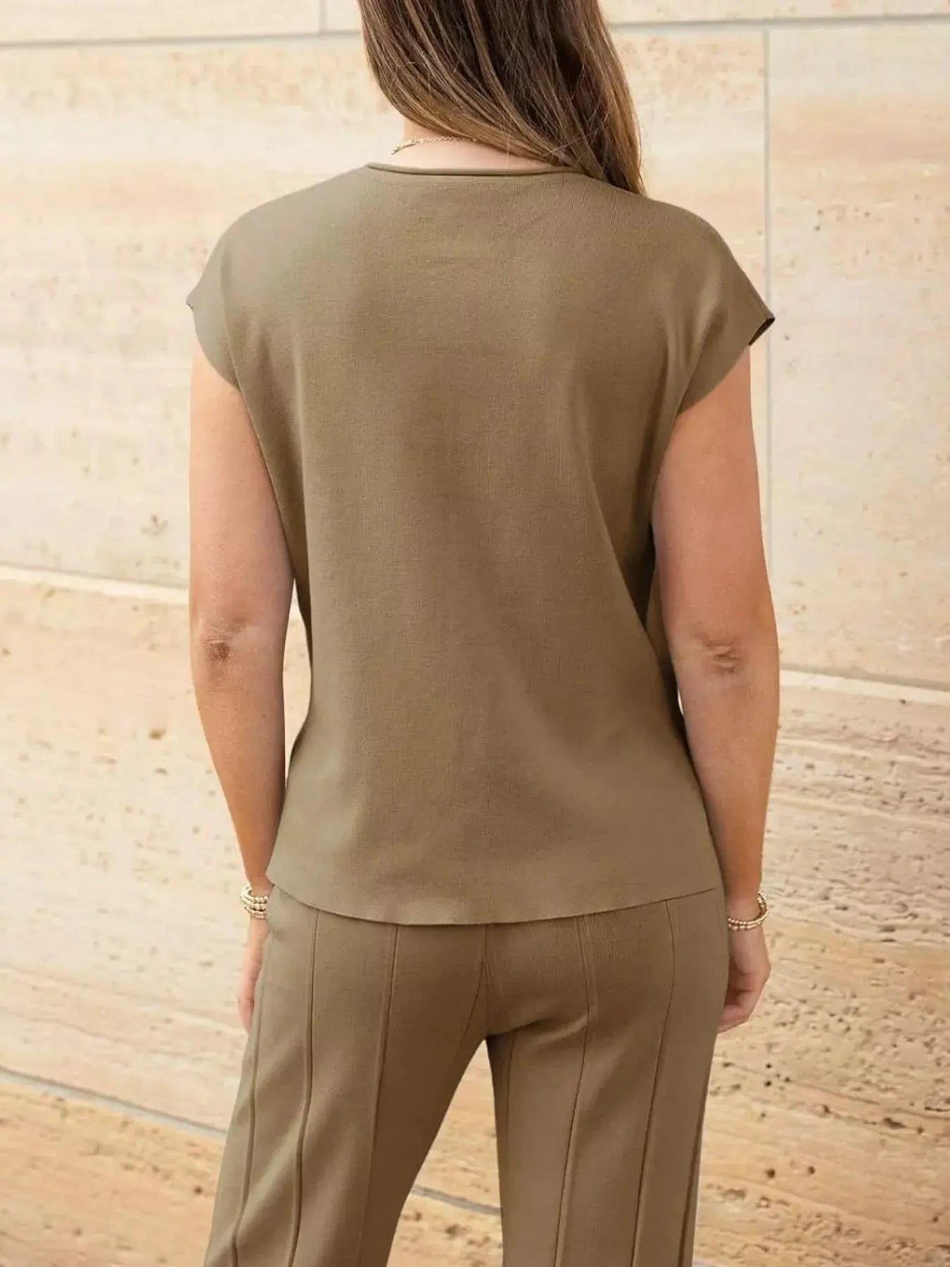Casual Solid Color Cap Sleeve Top and Pants Knit Set Simply Love