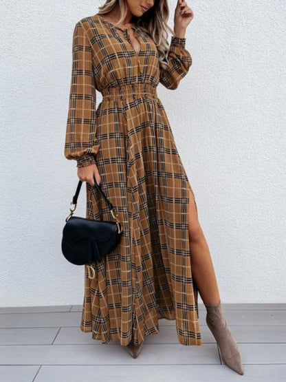 Chic plaid maxi dress with tie neck and stylish slit