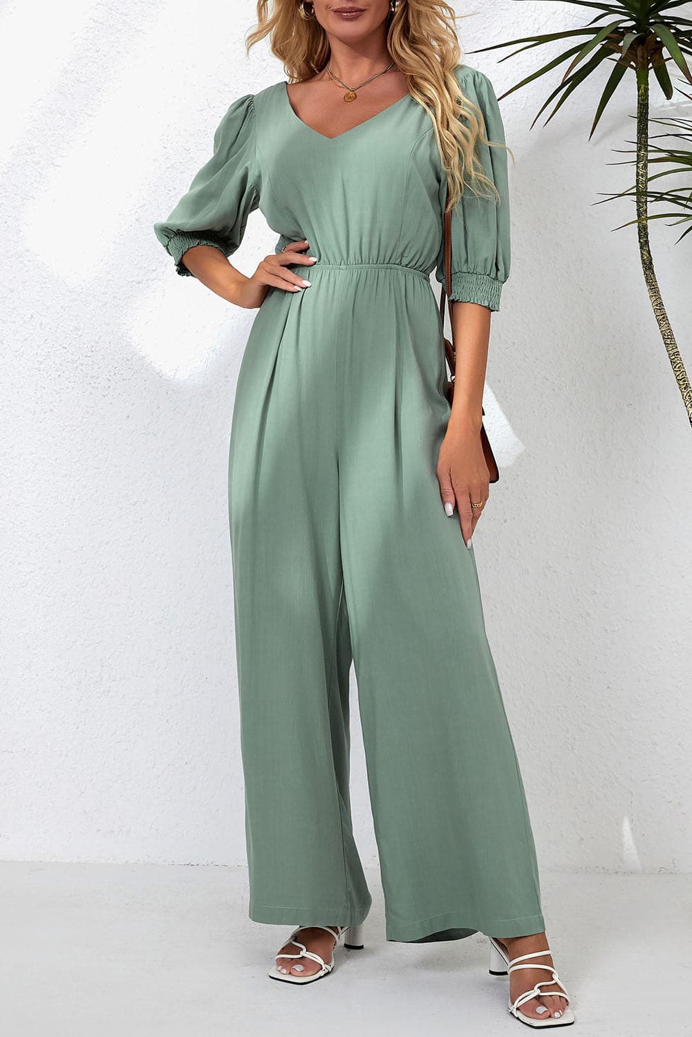 V-Neck Half Sleeve Jumpsuit.