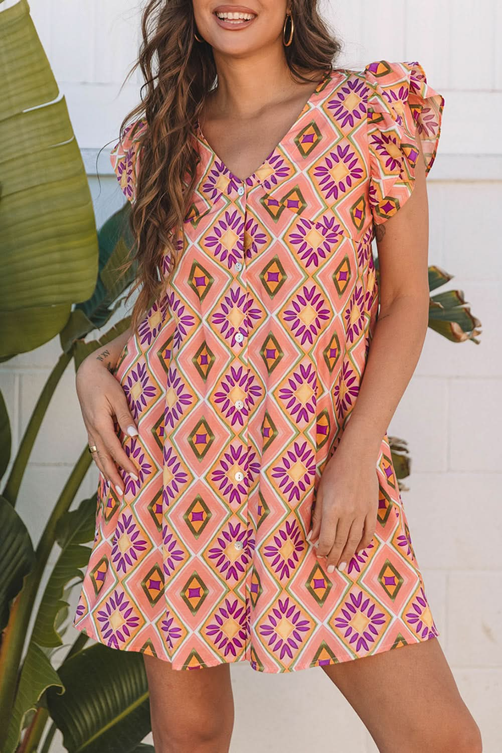 Flirty Orange Geometric Floral V-Neck Ruffled Sleeve Mini Dress