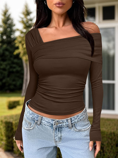 Ruched One Shoulder Long Sleeve T-Shirt.