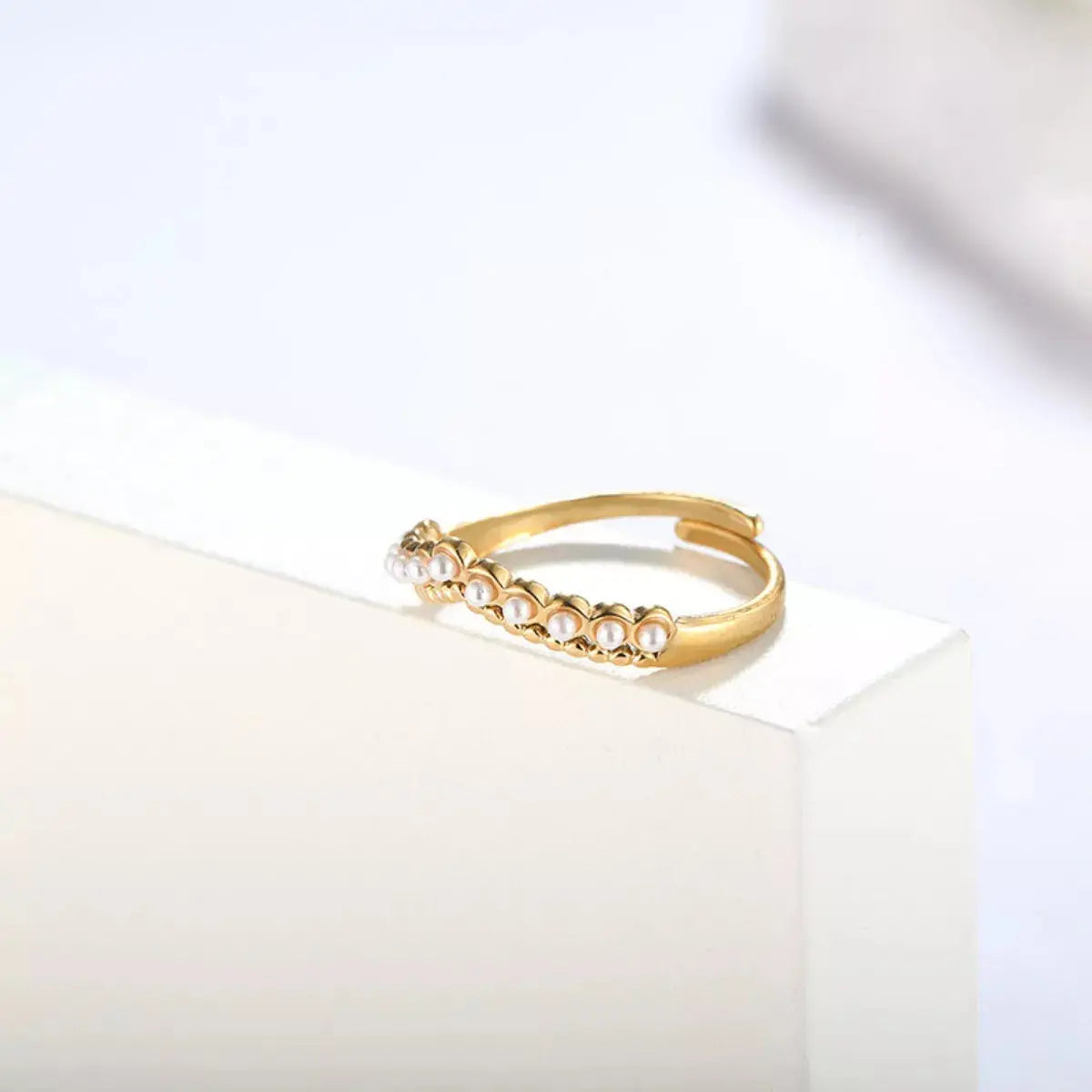 Gold Plated Pearl Embellished Adjustable Ring Stainless Steel Simply Love