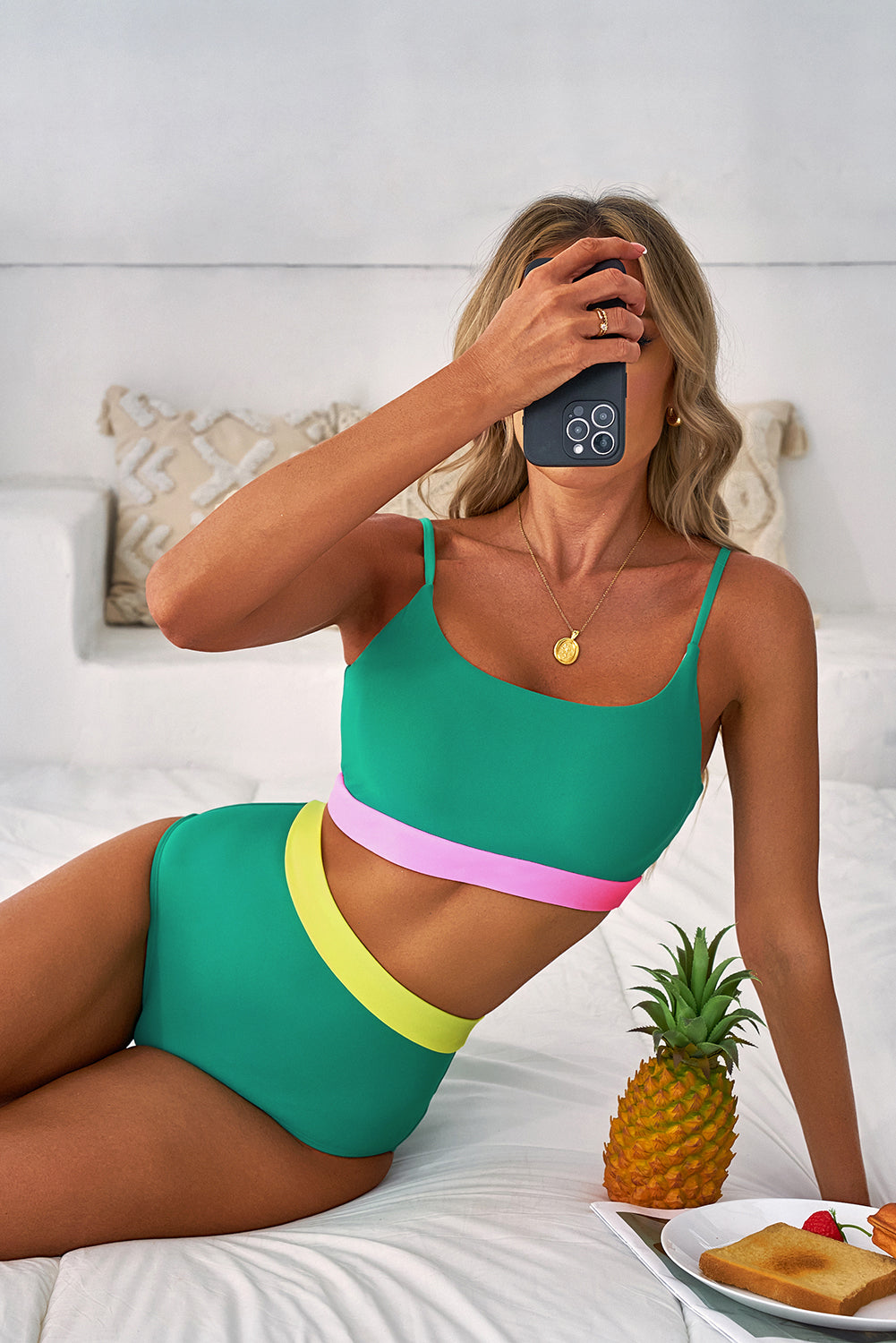 Sea Green Contrast Trim Colorblock Patchwork High Waisted Bikini Set