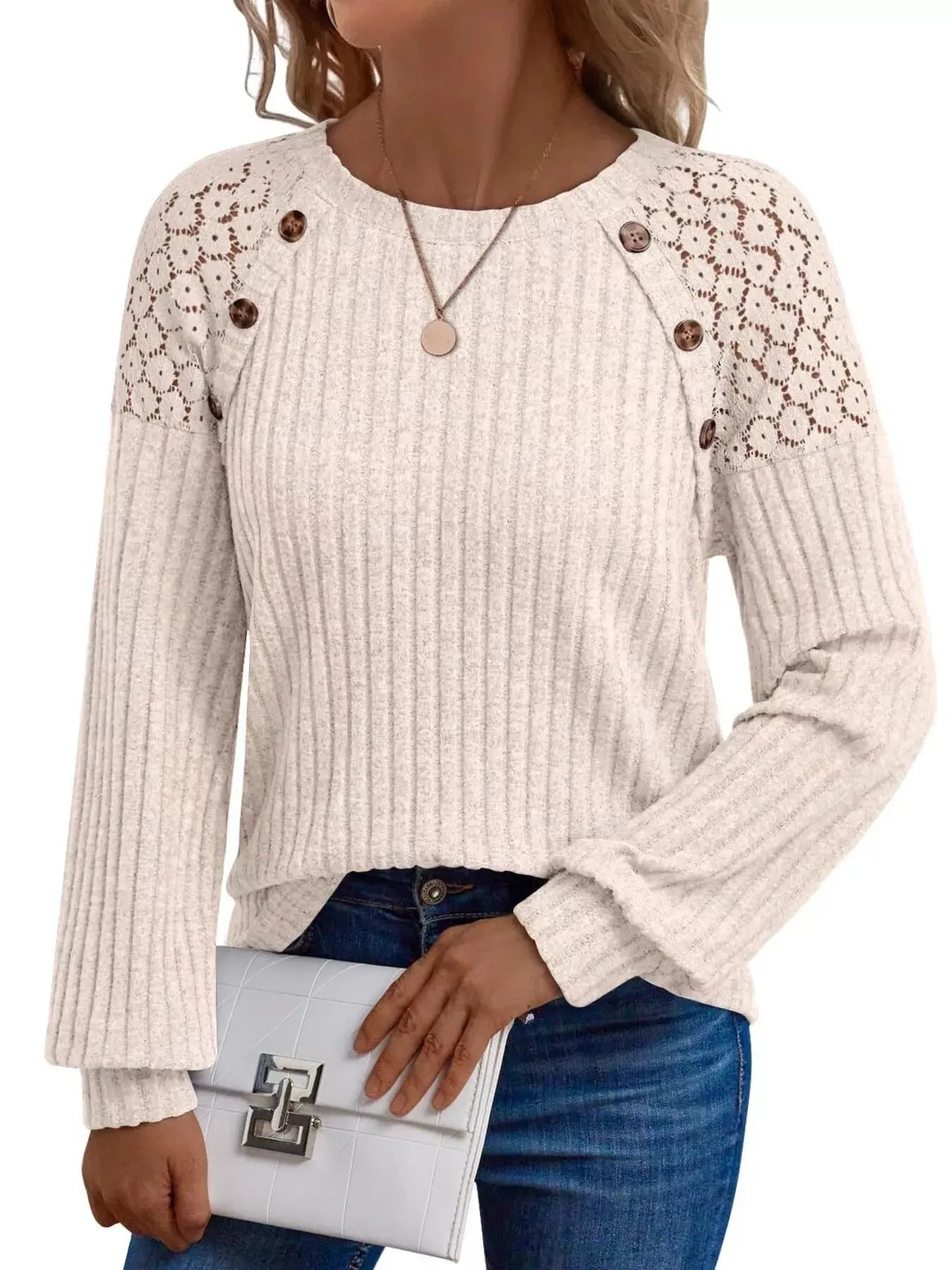 Ribbed Knit T-Shirt with Lace Shoulder Detail Simply Love