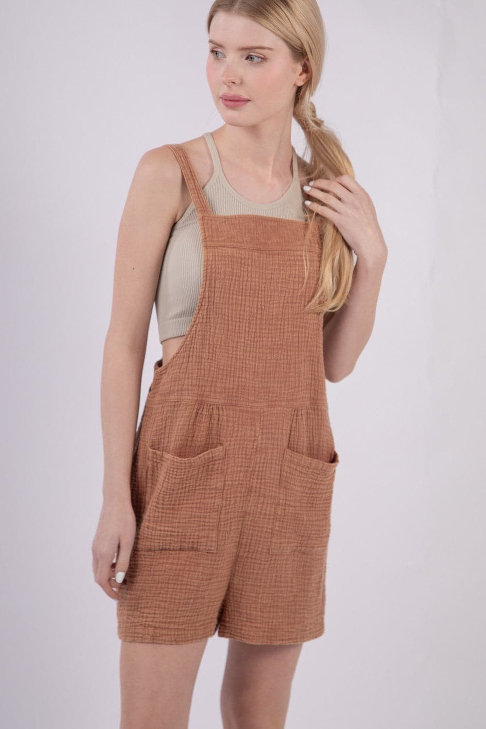 VERY J Sleeveless Double Gauze Overalls with Pockets.