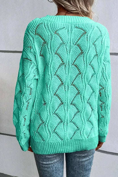 Openwork V-Neck Long Sleeve Sweater.