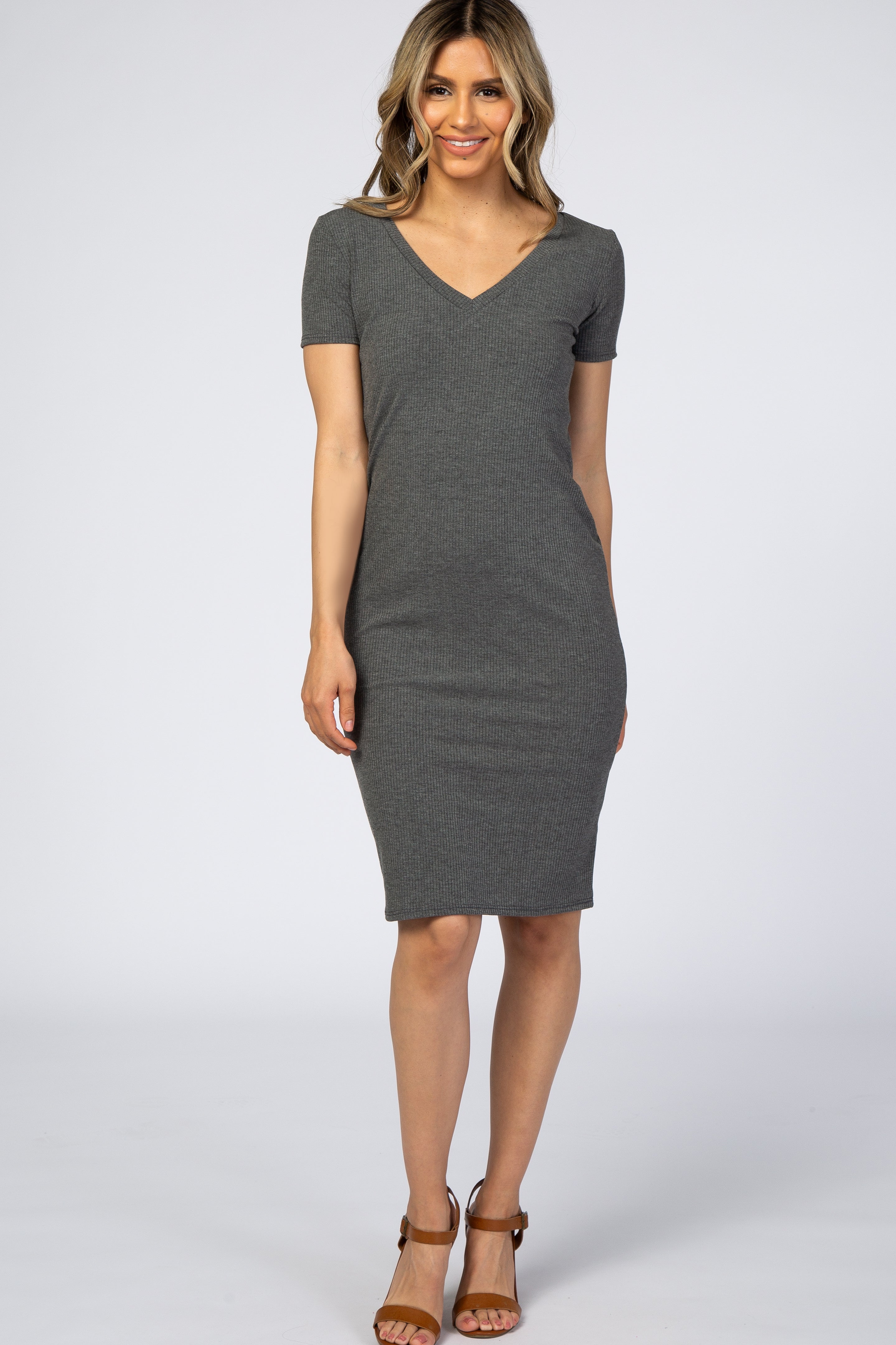 Charcoal Grey Ribbed Maternity Dress PinkBlush