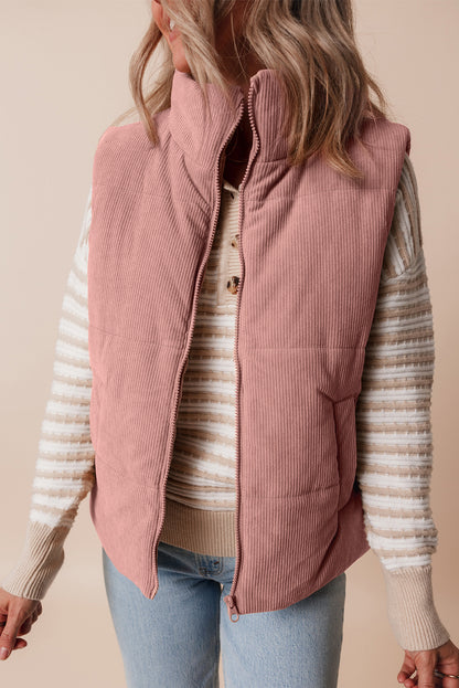 Apricot Pink Corduroy Stand Neck Zipped Puffer Vest by De...