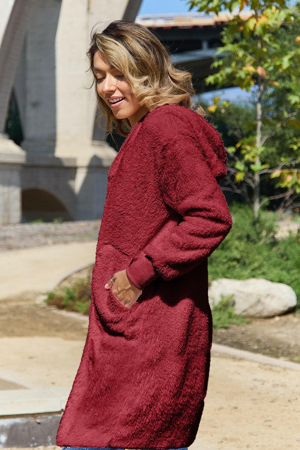 Double Take Full Size Hooded Teddy Bear Jacket with Thumbholes.