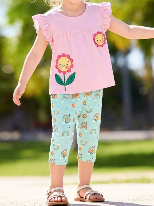Children's Flower Appliqué Top & Rainbow Print Capri Set Simply Love