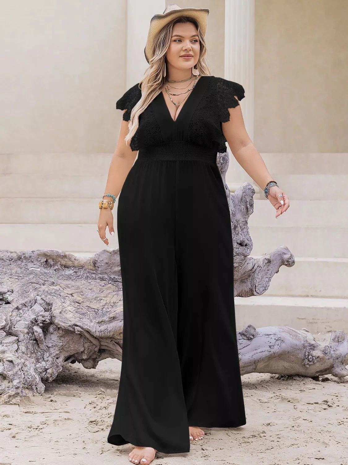 Plus Size Lace Cap Sleeve Wide Leg Jumpsuit Coco’s Tee Boutique