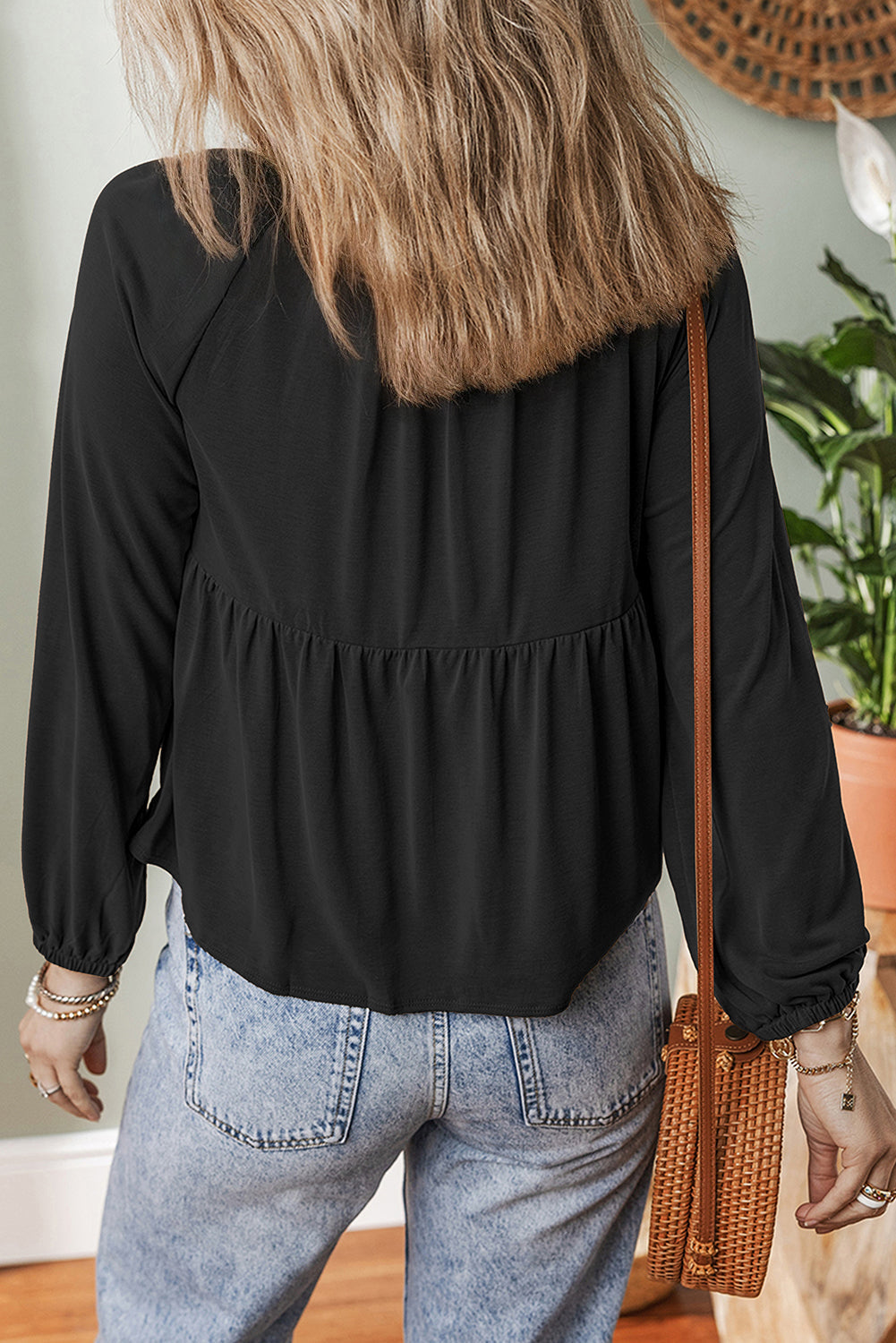 Black Smocked Bust Buttoned Split V Neck Flow Fit Blouse Dear-Lover Dropshipping