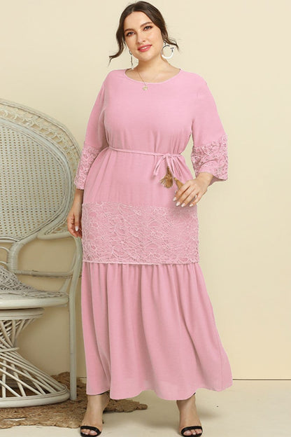 Plus Size Spliced Lace Tassel Belted Dress.