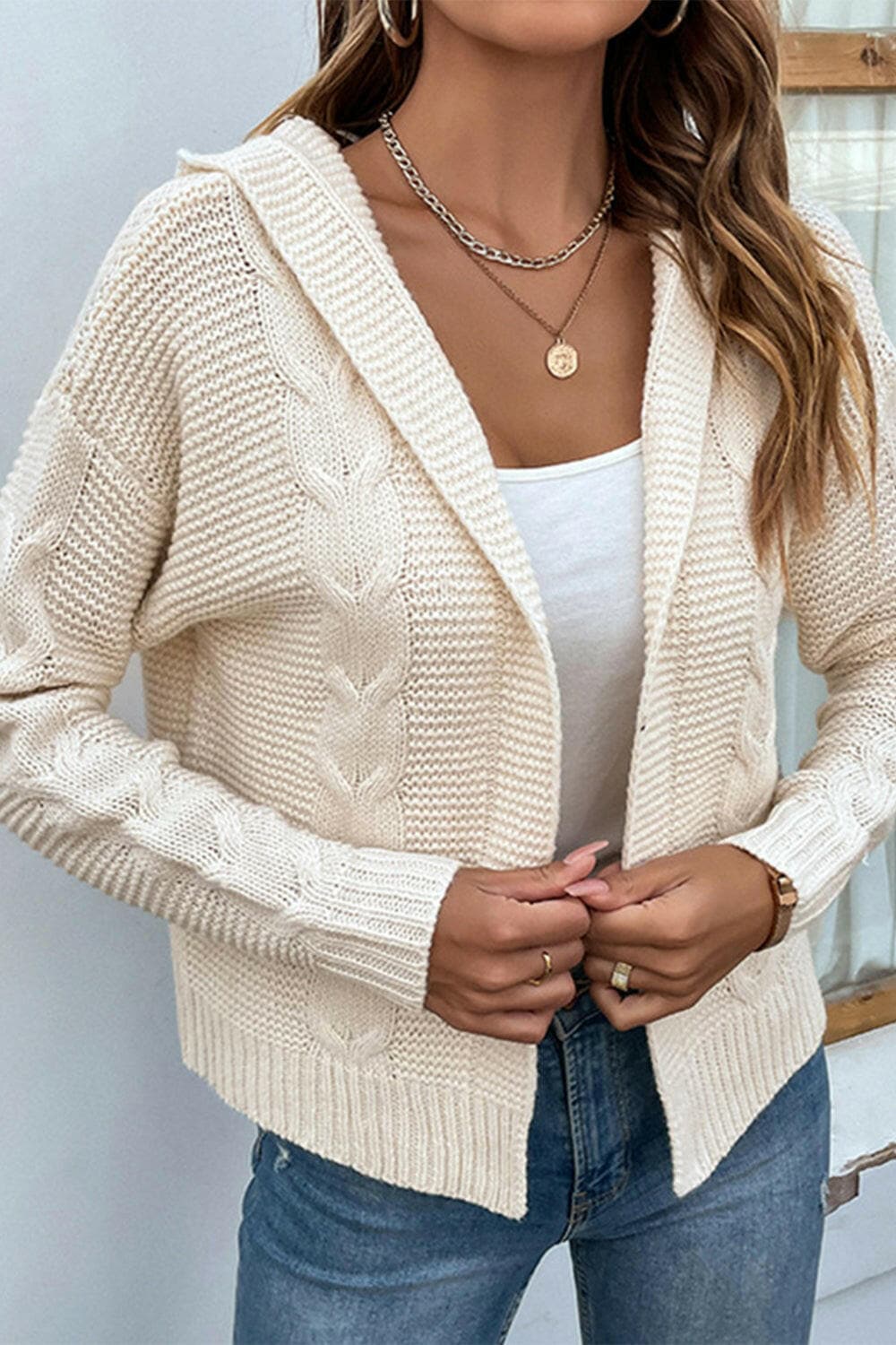 Cable-Knit Dropped Shoulder Hooded Cardigan.