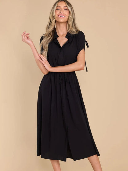 Drawstring Collared Neck Short Sleeve Midi Dress.