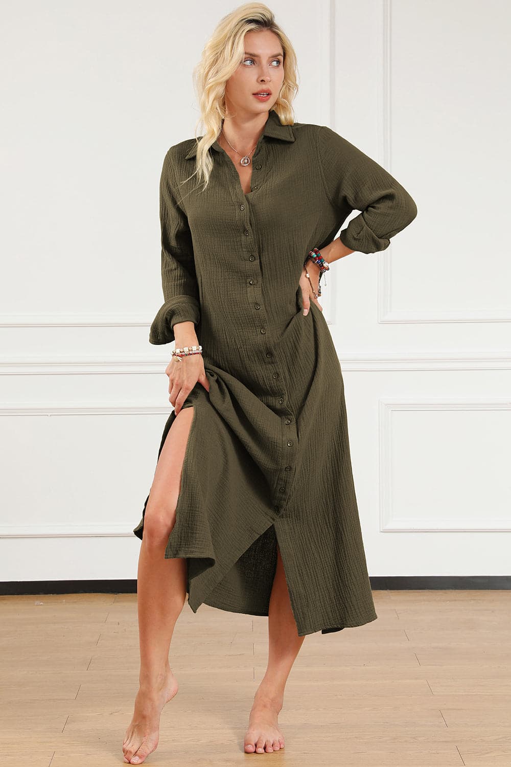 Texture Collared Neck Button Up Slit Shirt Dress.