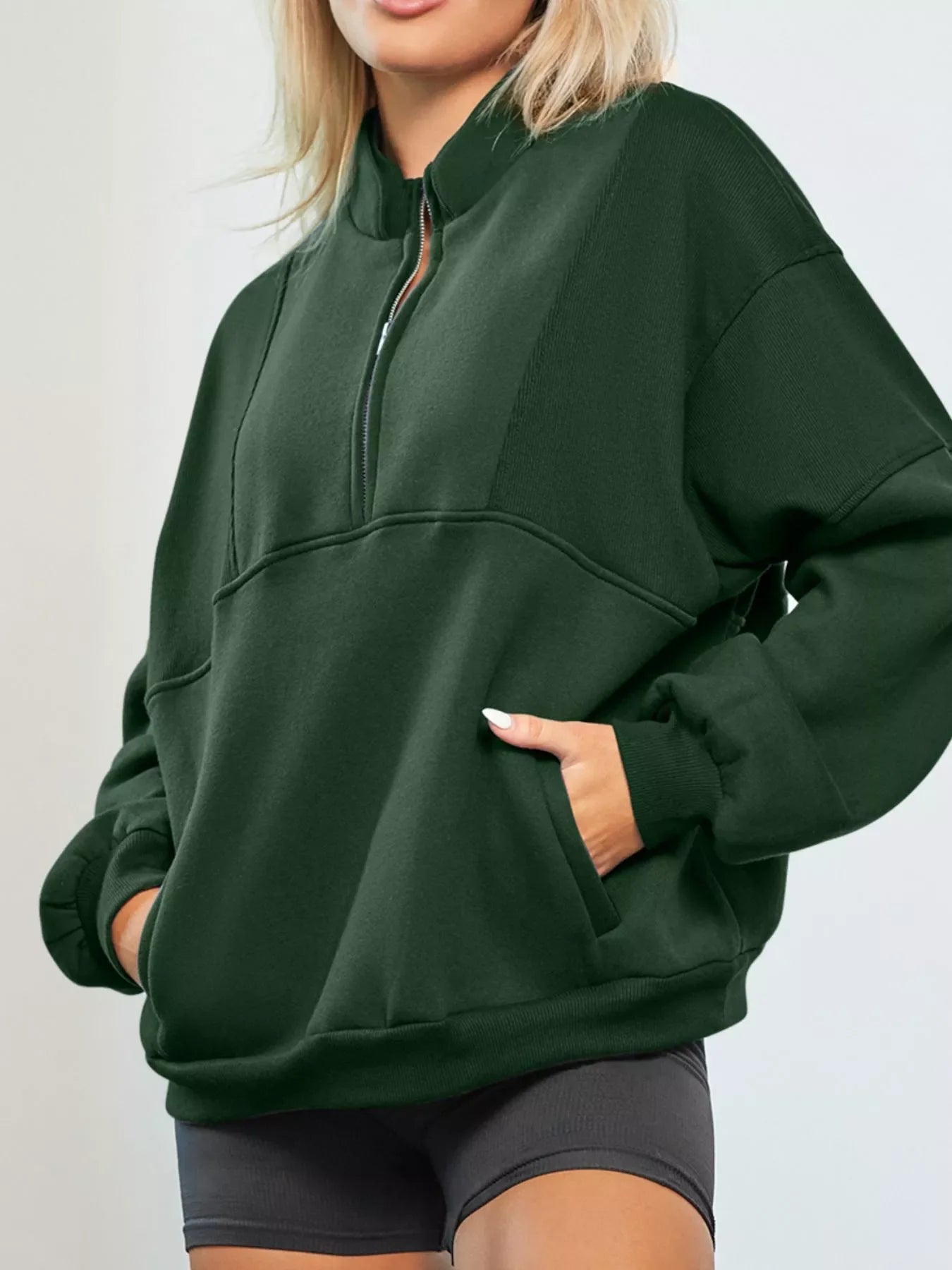 Half Zip Stand Collar Exposed Seam Solid Color Casual Sweatshirt Simply Love
