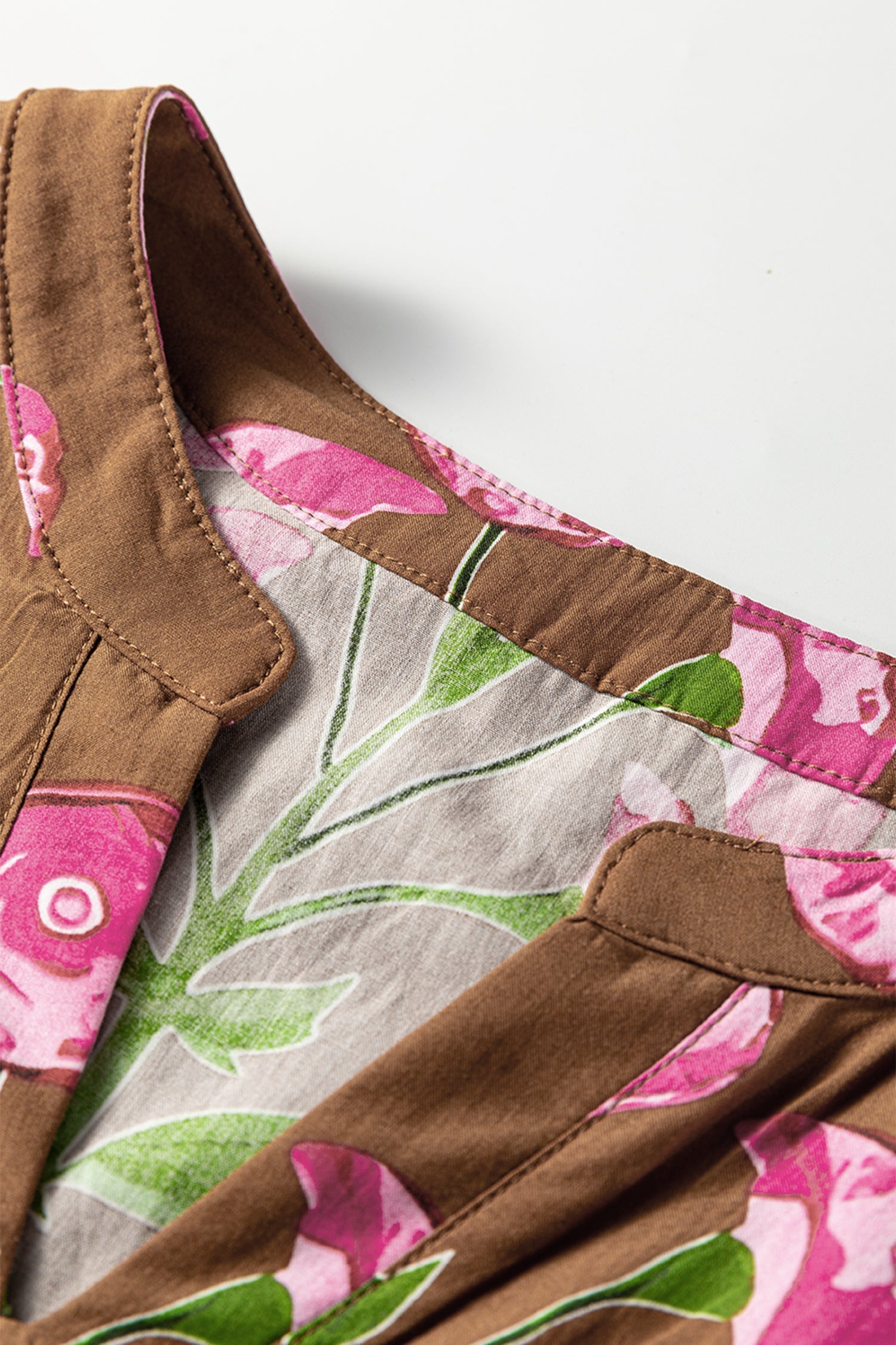 Brown Contrast Floral Print Babydoll Tunic Dress With Ruffled Hem Puff Sleeve Dear-Lover Dropshipping