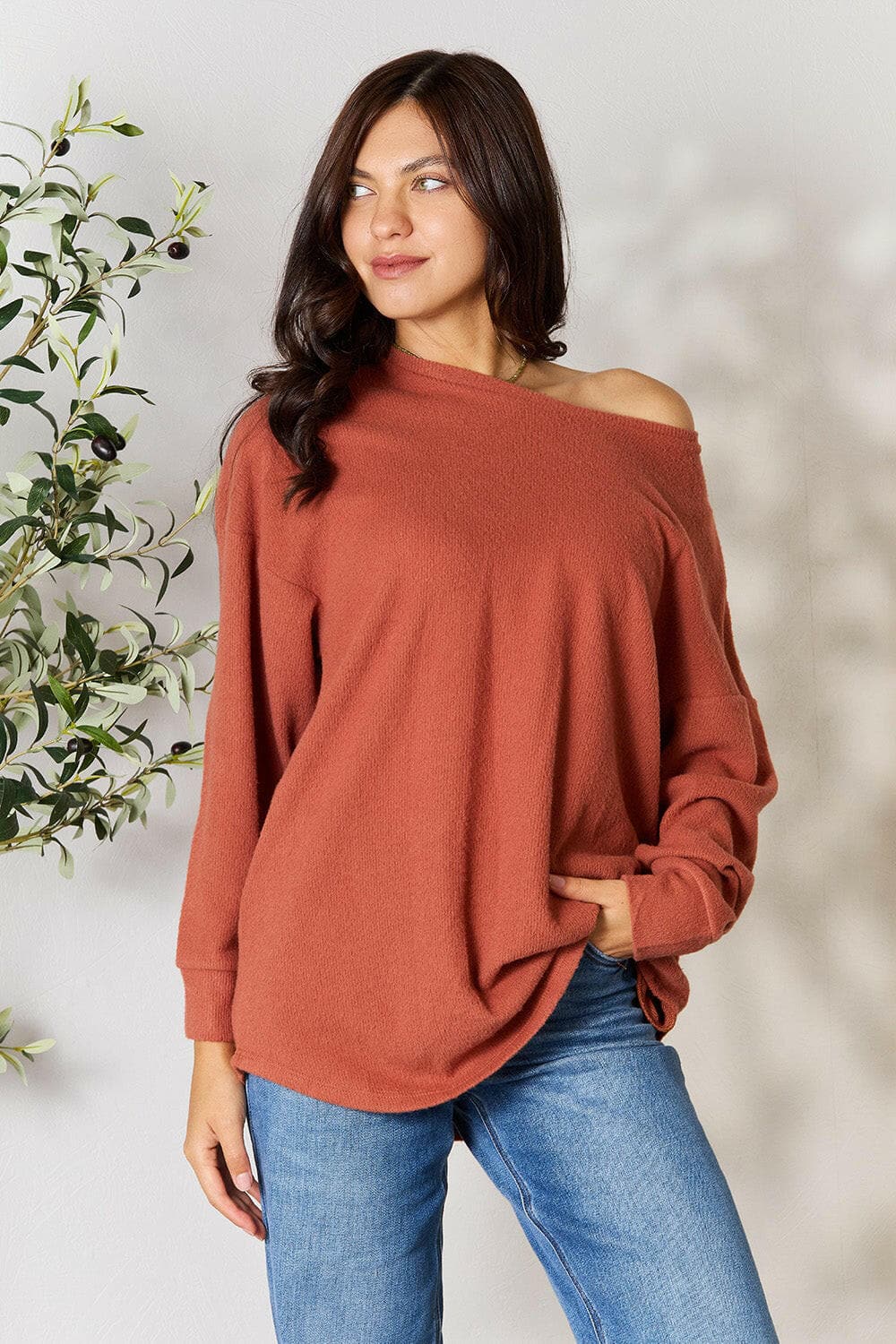 BOMBOM Drop Shoulder Long Sleeve Blouse with Pockets.