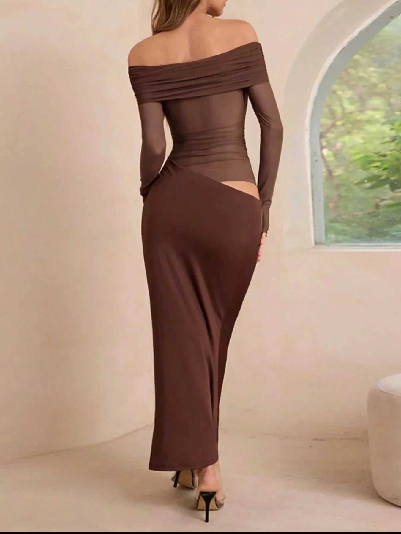 Off-Shoulder Long Sleeve Ruched Bodycon Maxi Dress Coco’s Tee Boutique