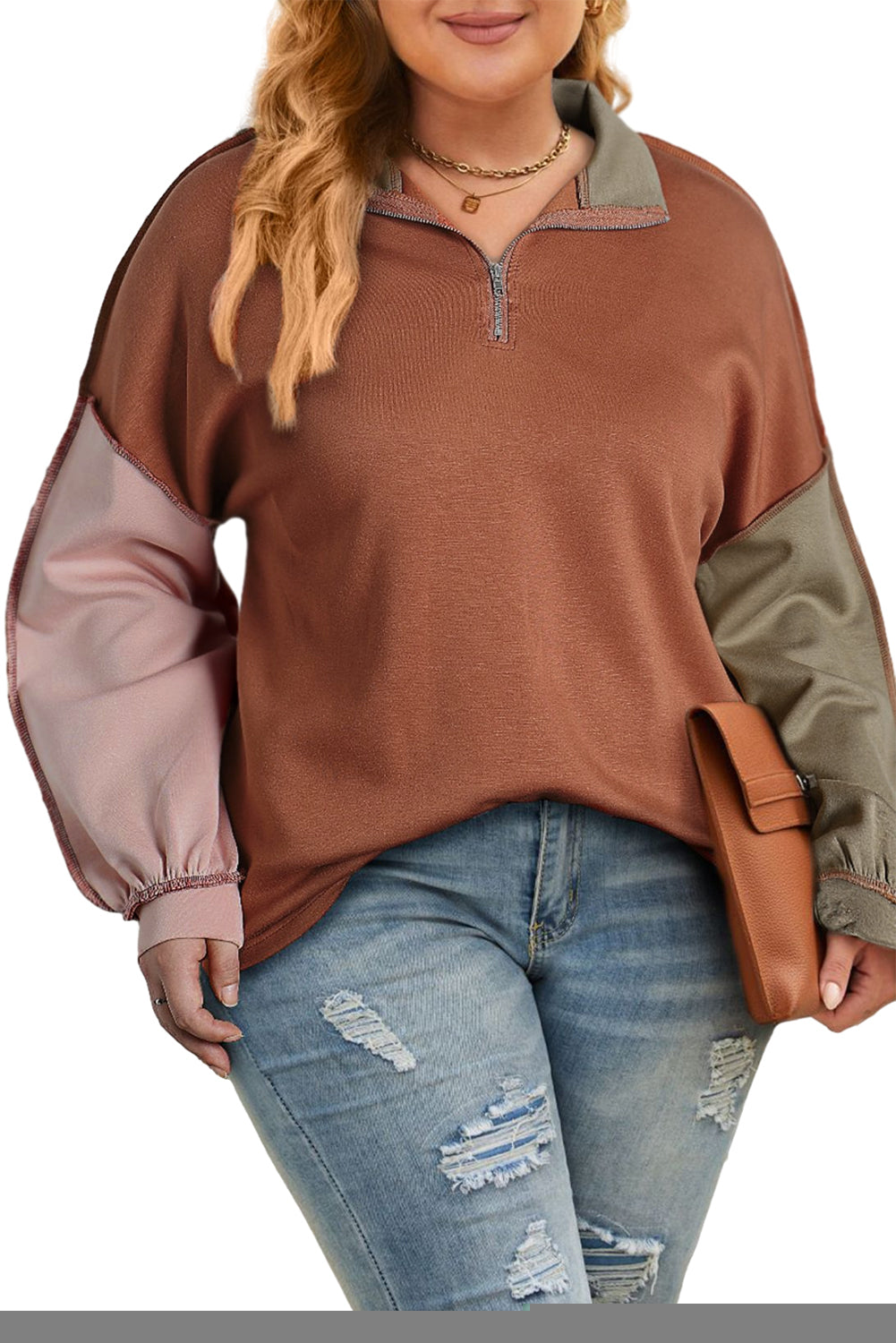 Chic colorblock plus size quarter zip sweatshirt with exposed seams