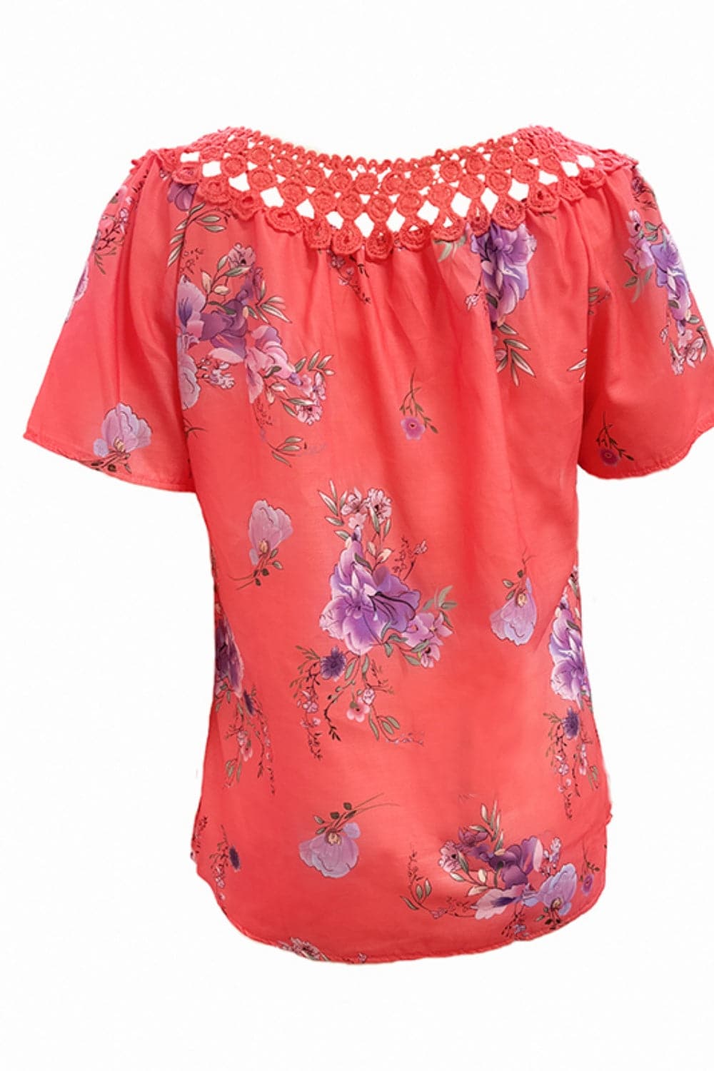 Full Size Printed Tie Neck Short Sleeve Blouse.