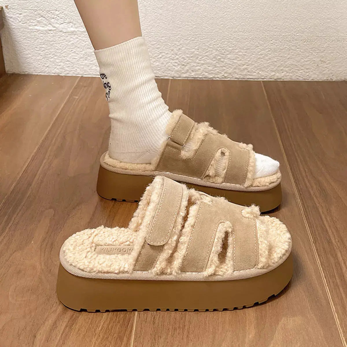Fluffy Platform Velcro Slippers Simply Love