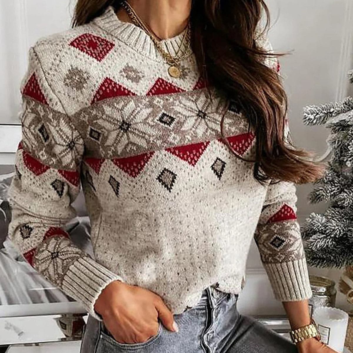 Snowflake Round Neck Sweater.