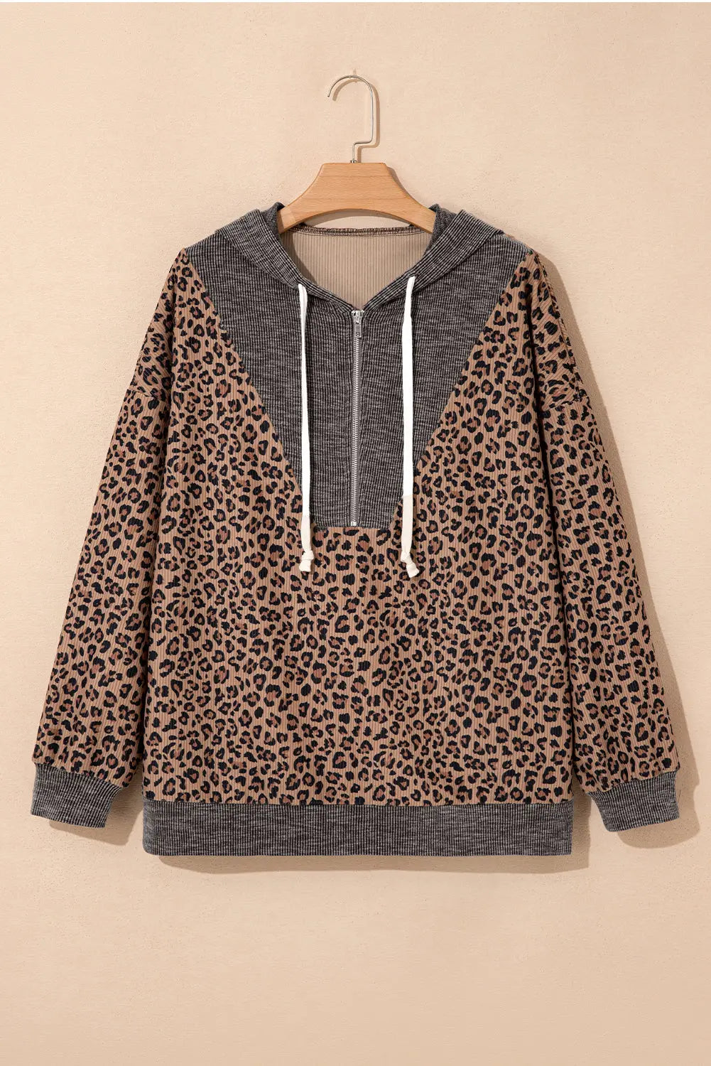 Khaki Ribbed Leopard Print Contrast Collar Zip Hooded Pullover Sweatshirt Dear-Lover Dropshipping