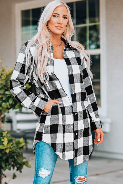 Black Turn-down Collar Plaid Shirt Coat