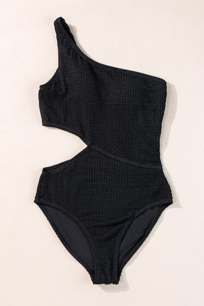 Asymmetric black cut-out ribbed monokini swimsuit